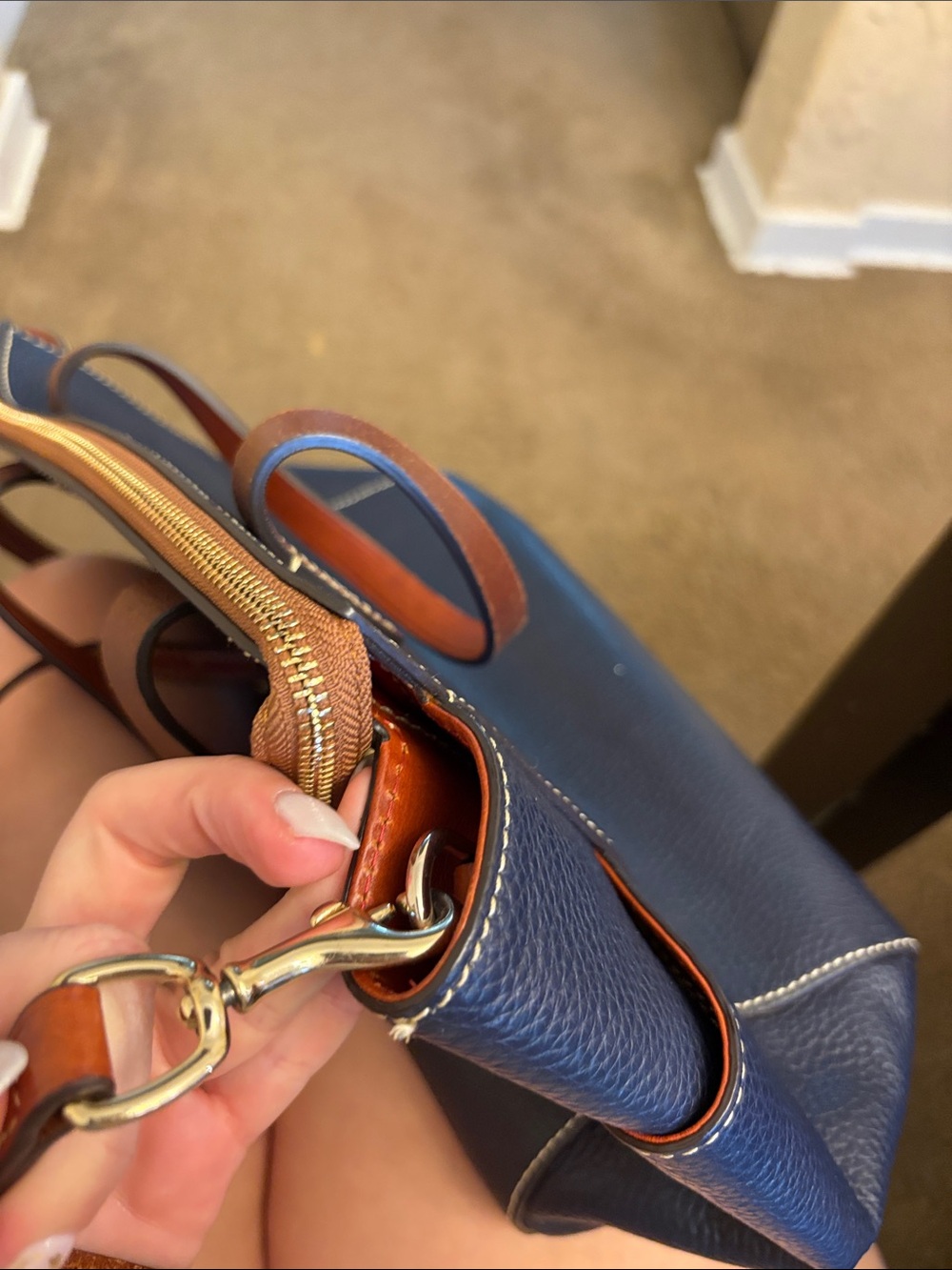 Dooney & Bourke Navy Pebble Leather Tote with Brown Trim and Adjustable Strap - Picture 5 of 6